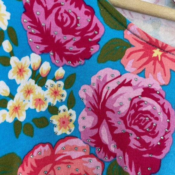 Quacker Factory Womens XL Floral Embellished Top Blue Pink Roses 3/4 Sleeve - Picture 6 of 8